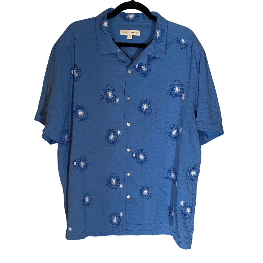 Tricots St Raphael Cotton XL Blue Seersucker Floral Embroidered Shirt Resortwear